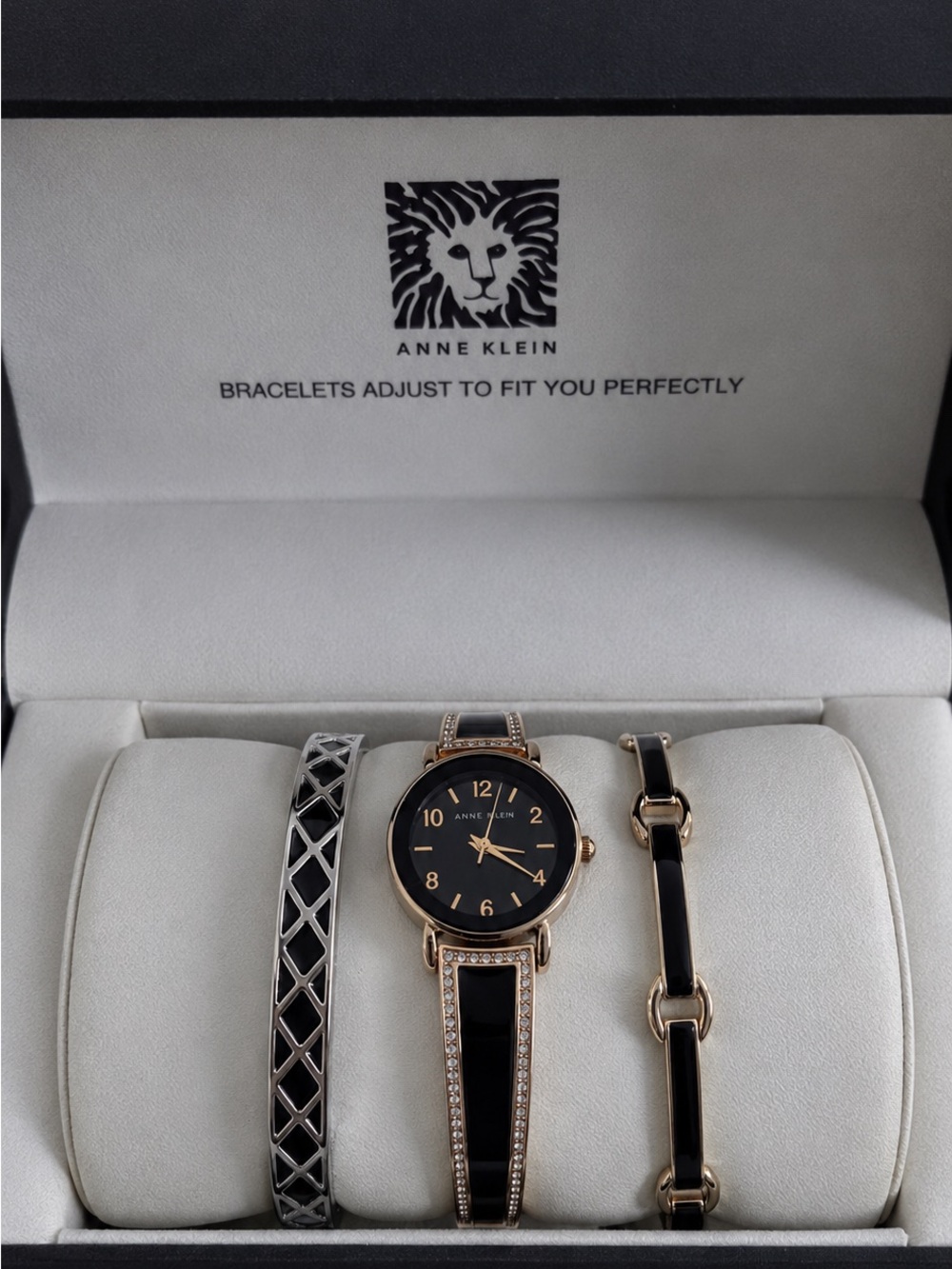 Anne Klein Black and Rose Gold Watch & Bracelet Trio